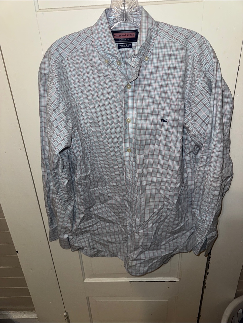 Vineyard Vines Men’s Light Blue and Pink Plaid Button-Down Shirt Whale Shirt S